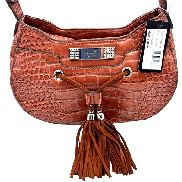 Guess Purse Handbag Hobo with Tassel Cognac Brown - Picture 3 of 7